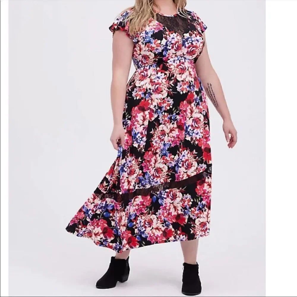 Torrid Asymmetrical Floral Dress Cottage Core Boho Lace Vacation Festival